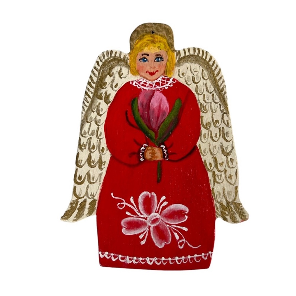 Handpainted Christmas Angel Wood Ornament Primitive European Folk Art Signed ‘14
